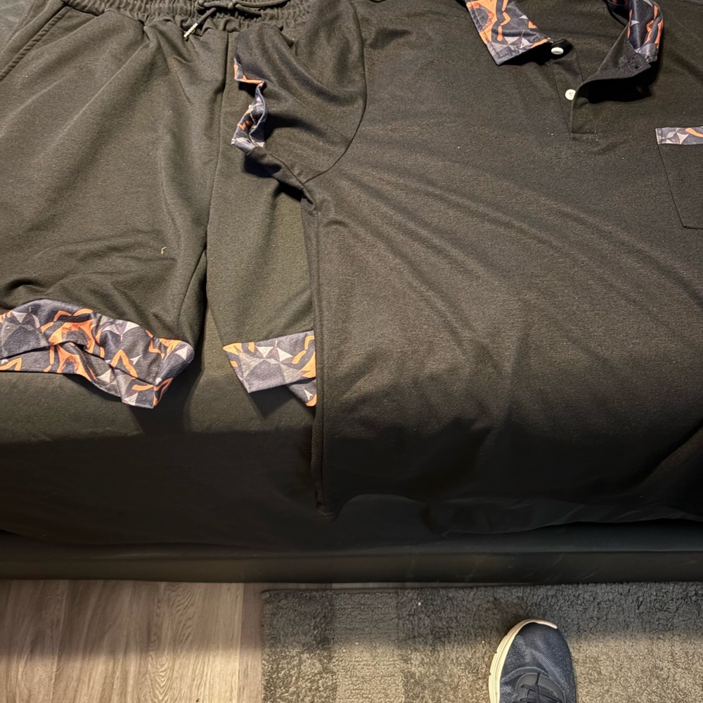 Black Polo Shirt and Shorts Set with Geometric Accents